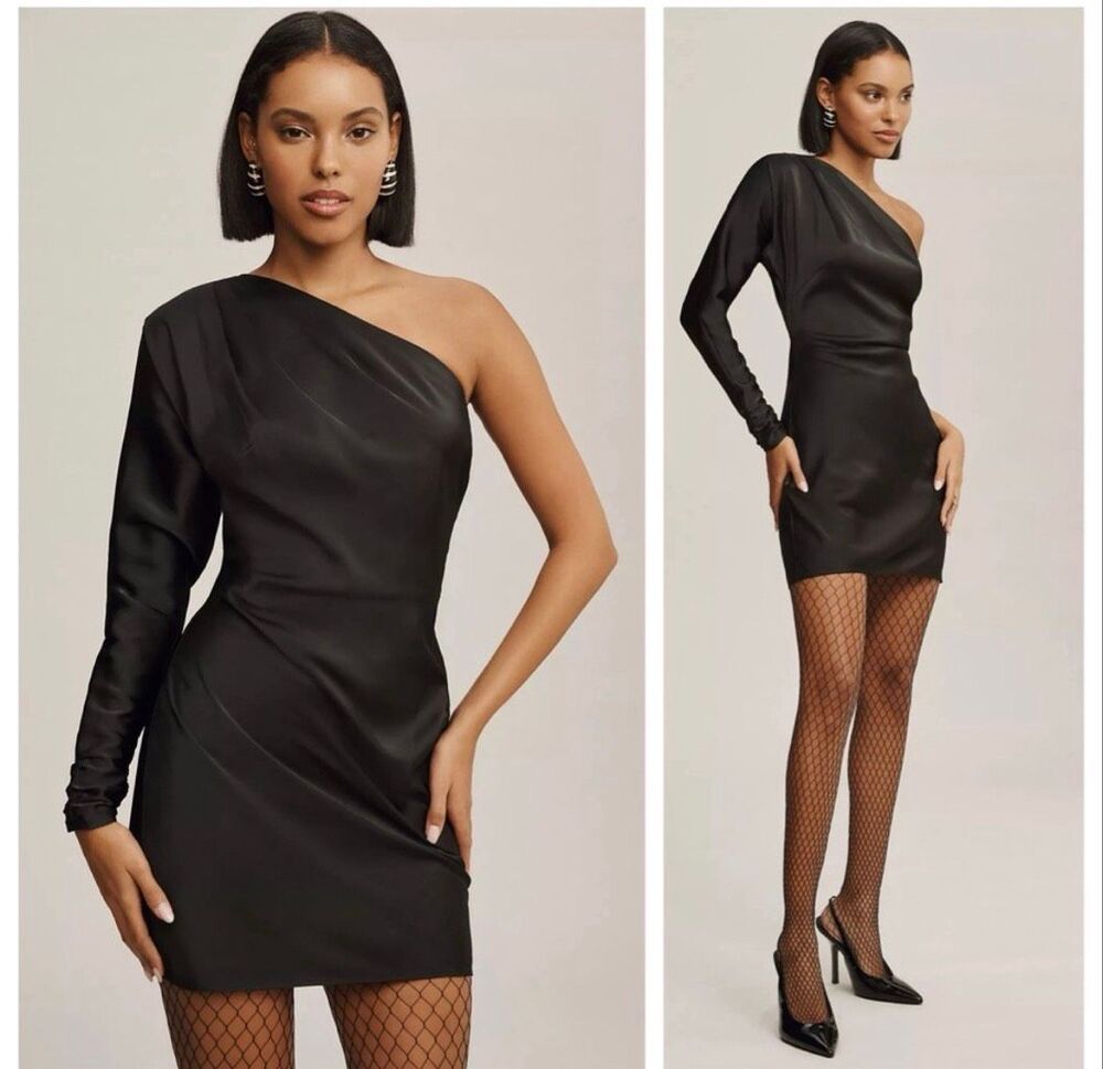 BHLDN Lucy Black Satin One Shoulder Ruched Mini Dress Size 8 NWT